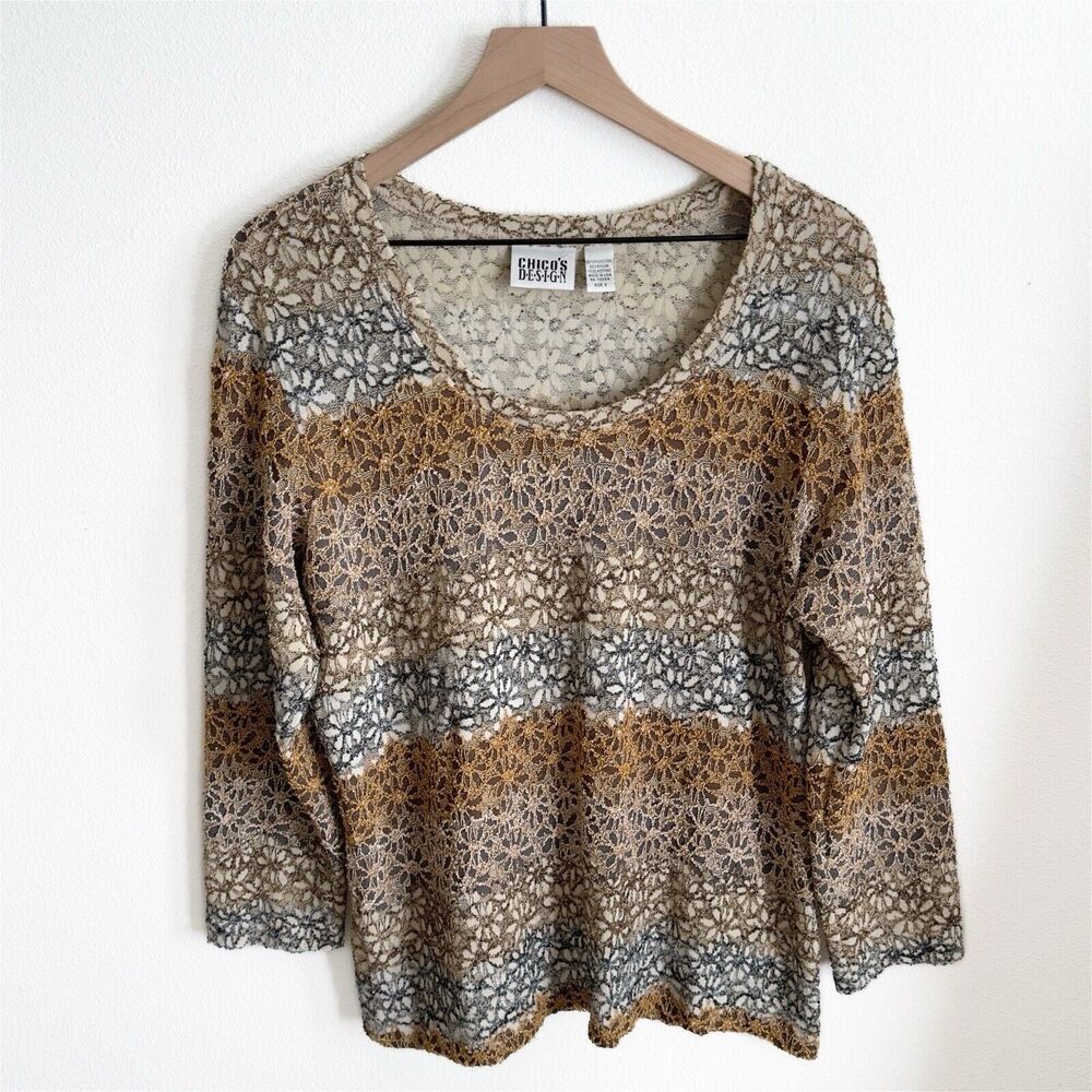 Vtg Chicos Design Top Womens 3 Beige Neutral Earth Tone Daisy Texture Artsy Boho